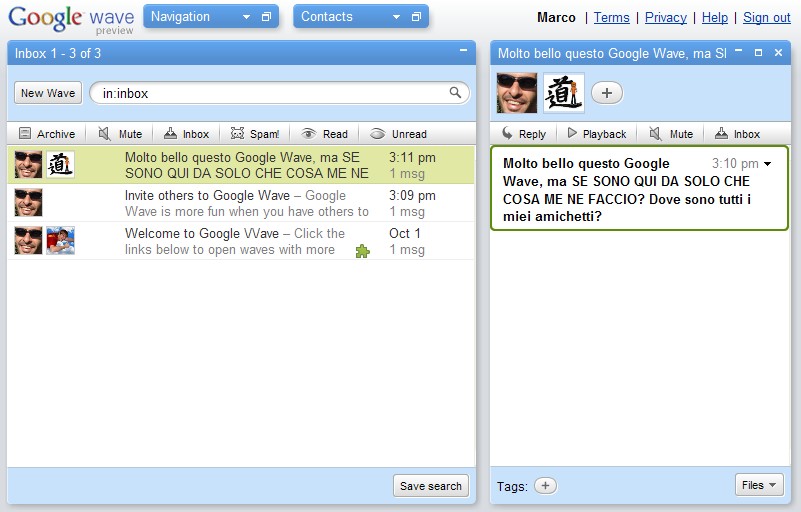 Una schermata di Google Wave